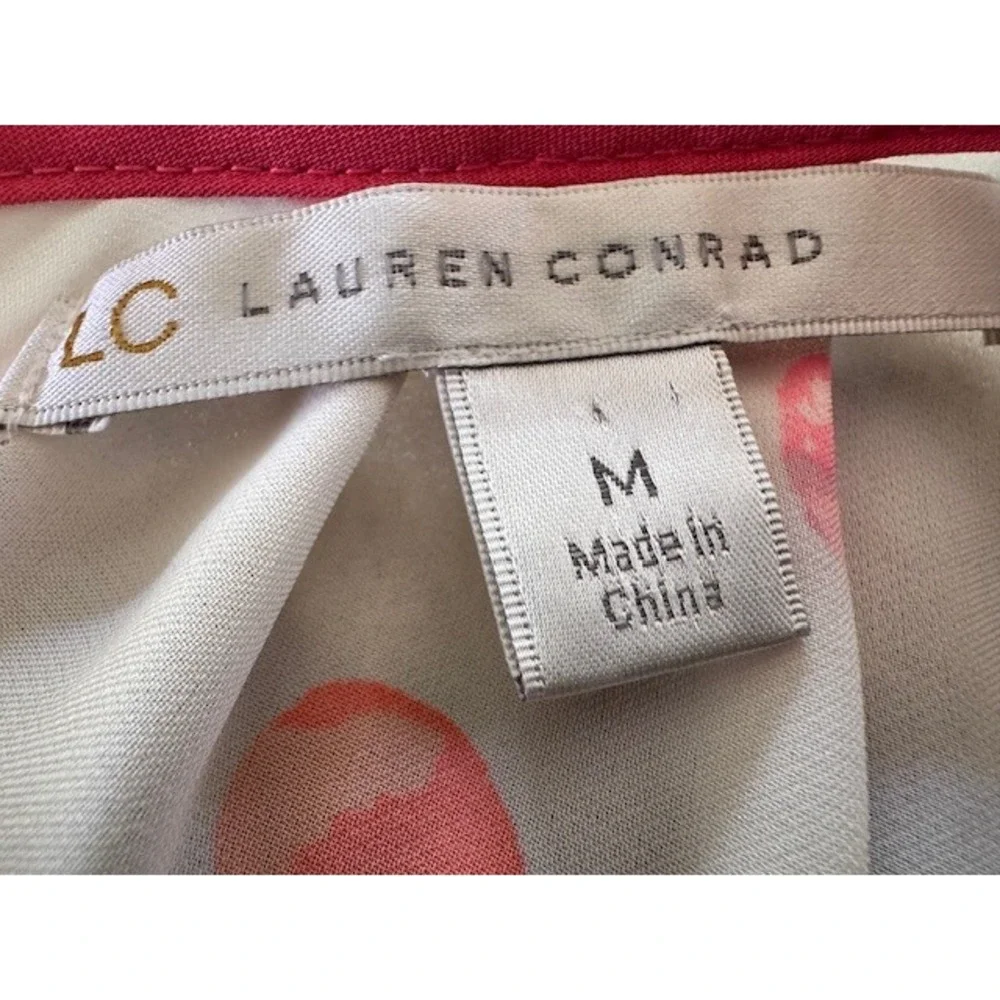LC Lauren Conrad Women Pink Orange Polka Dot Bow Back Cap Sleeve Blouse Medium - Picture 2 of 3